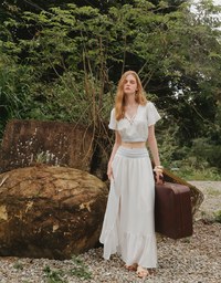 V Neck Cropped Flutter Sleeve Top with Embroidered Waist Detail
