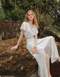 V Neck Cropped Flutter Sleeve Top with Embroidered Waist Detail