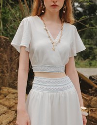V Neck Cropped Flutter Sleeve Top with Embroidered Waist Detail