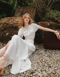 V Neck Cropped Flutter Sleeve Top with Embroidered Waist Detail