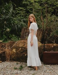 V Neck Cropped Flutter Sleeve Top with Embroidered Waist Detail