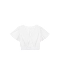 V Neck Cropped Flutter Sleeve Top with Embroidered Waist Detail