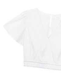 V Neck Cropped Flutter Sleeve Top with Embroidered Waist Detail