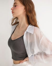 Oversized Sheer Vertical Stripe Button Down Cropped Shirt