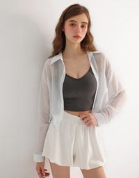 Oversized Sheer Vertical Stripe Button Down Cropped Shirt