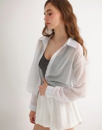Oversized Sheer Vertical Stripe Button Down Cropped Shirt