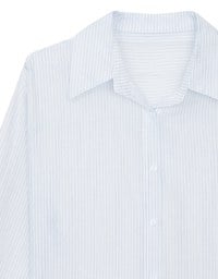 Oversized Sheer Vertical Stripe Button Down Cropped Shirt