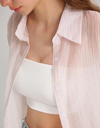 Oversized Sheer Vertical Stripe Button Down Cropped Shirt