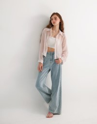 Oversized Sheer Vertical Stripe Button Down Cropped Shirt
