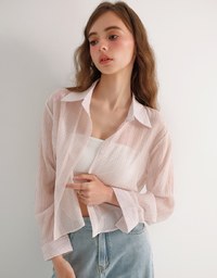 Oversized Sheer Vertical Stripe Button Down Cropped Shirt