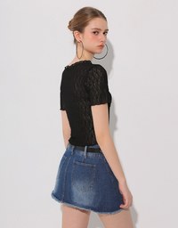 Sheer Lace Ruffle Trim Fitted Cropped Top with Lettuce Hem