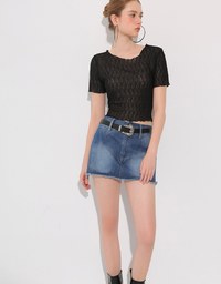 Sheer Lace Ruffle Trim Fitted Cropped Top with Lettuce Hem