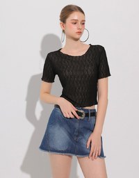 Sheer Lace Ruffle Trim Fitted Cropped Top with Lettuce Hem