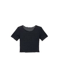 Sheer Lace Ruffle Trim Fitted Cropped Top with Lettuce Hem