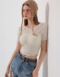 Sheer Lace Ruffle Trim Fitted Cropped Top with Lettuce Hem