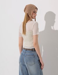 Sheer Lace Ruffle Trim Fitted Cropped Top with Lettuce Hem