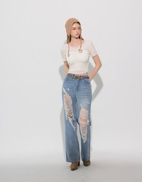 Sheer Lace Ruffle Trim Fitted Cropped Top with Lettuce Hem