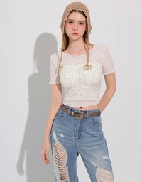Sheer Lace Ruffle Trim Fitted Cropped Top with Lettuce Hem