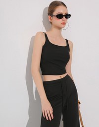 Square Neck Ribbed Tank Top with Back Bow Tie Detail