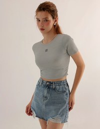 High Waist Distressed Jeans Denim Mini Skirt with Raw Hem