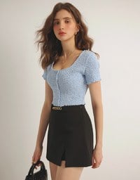 Waistline Gold Chain Detail High Waist Front Slit Mini Skirt