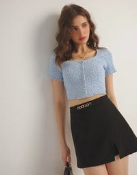Waistline Gold Chain Detail High Waist Front Slit Mini Skirt