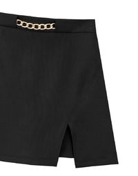 Waistline Gold Chain Detail High Waist Front Slit Mini Skirt