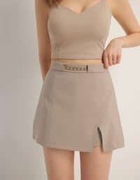 Waistline Gold Chain Detail High Waist Front Slit Mini Skirt