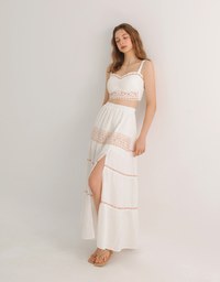 Boho Embroidered Tiered Maxi Skirt with Side Slit Detail