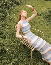 Multicolor Striped Knit Maxi Skirt with Back Slit Detail