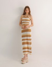 Multicolor Striped Knit Maxi Skirt with Back Slit Detail