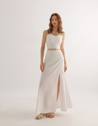 Side Ruched High Waist Maxi Skirt with Front Slit