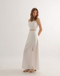 Side Ruched High Waist Maxi Skirt with Front Slit