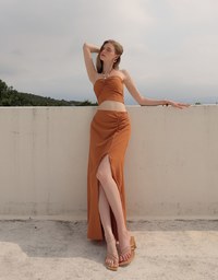 Side Ruched High Waist Maxi Skirt with Front Slit