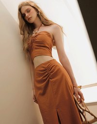 Side Ruched High Waist Maxi Skirt with Front Slit