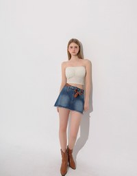 Raw Hem Washed Double Button Jeans Denim Mini Skirt