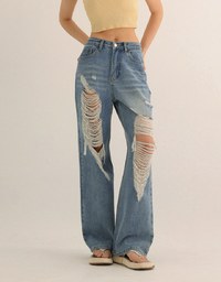 Extreme Distressed Straight Leg Jeans Denim Pants