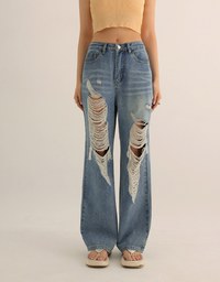 Extreme Distressed Straight Leg Jeans Denim Pants
