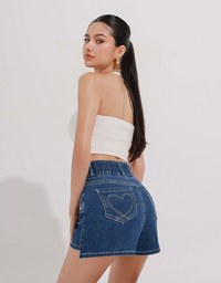 Cooling Fabric Double Button Jeans Denim Shorts with Heart Pocket Stitching