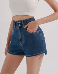 Cooling Fabric Double Button Jeans Denim Shorts with Heart Pocket Stitching