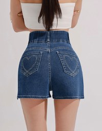 Cooling Fabric Double Button Jeans Denim Shorts with Heart Pocket Stitching