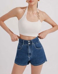 Cooling Fabric Double Button Jeans Denim Shorts with Heart Pocket Stitching