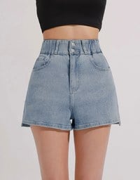 Cooling Fabric Double Button Jeans Denim Shorts with Heart Pocket Stitching