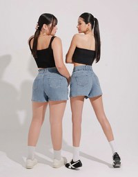 Cooling Fabric Double Button Jeans Denim Shorts with Heart Pocket Stitching