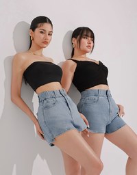 Cooling Fabric Double Button Jeans Denim Shorts with Heart Pocket Stitching