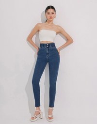 Cooling Fabric Double Button Jeans Denim Skinny Pants with Heart Pocket Stitching