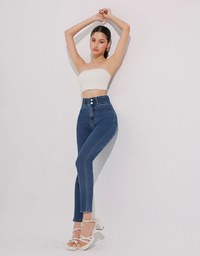 Cooling Fabric Double Button Jeans Denim Skinny Pants with Heart Pocket Stitching
