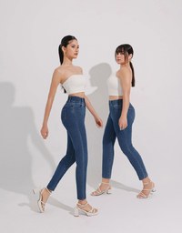 Cooling Fabric Double Button Jeans Denim Skinny Pants with Heart Pocket Stitching