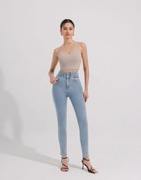 Cooling Fabric Double Button Jeans Denim Skinny Pants with Heart Pocket Stitching