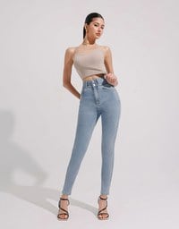 Cooling Fabric Double Button Jeans Denim Skinny Pants with Heart Pocket Stitching